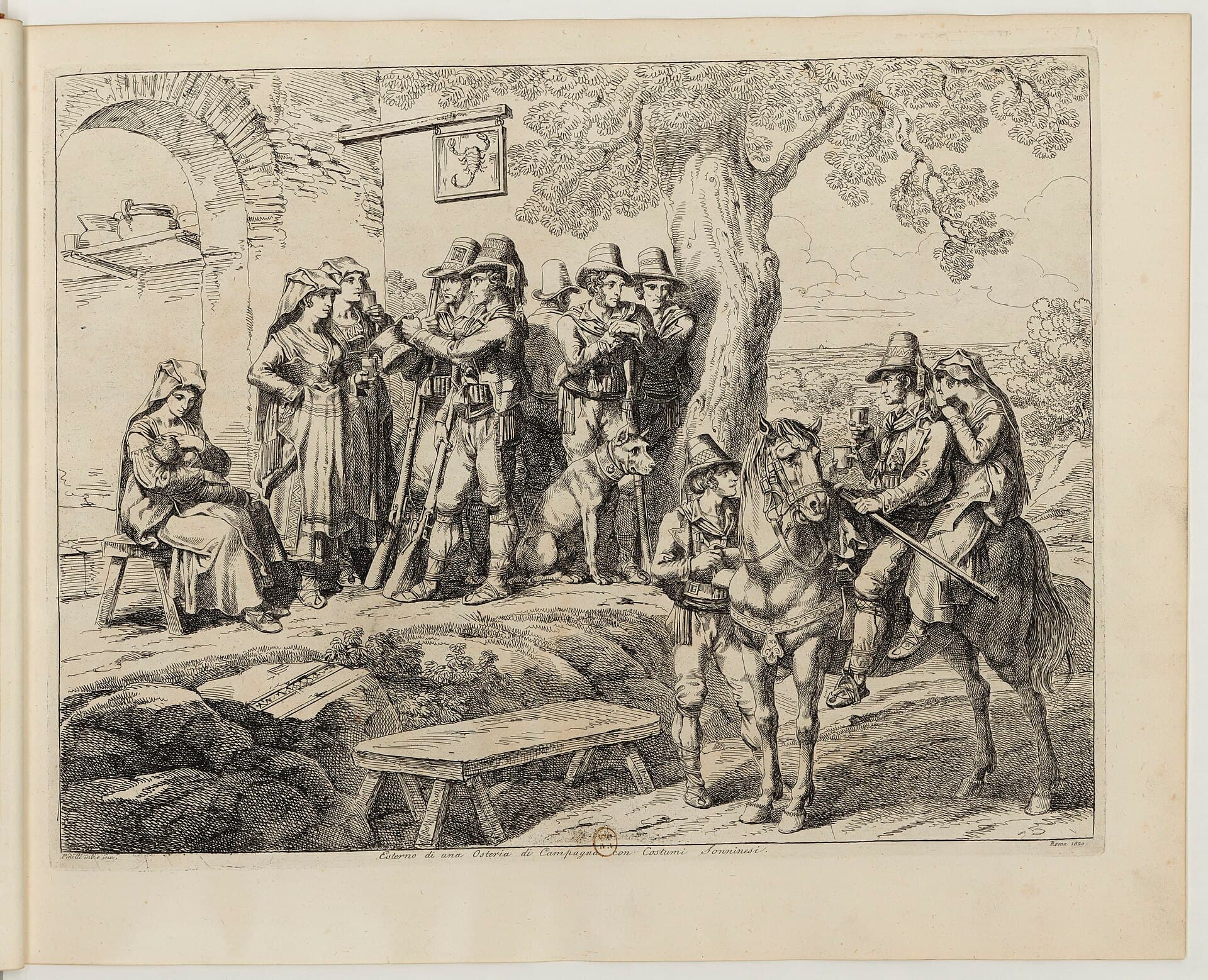 Incisione: viandanti e briganti sostano davanti a una locanda di campagna.
